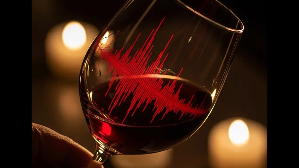 Main tenant délicatement un verre de vin rouge avec des ondes sonores abstraites en arrière-plan