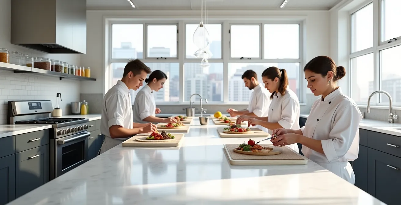 Session de laboratoire créatif en cuisine avec l'équipe testant de nouvelles recettes dans un esprit collaboratif