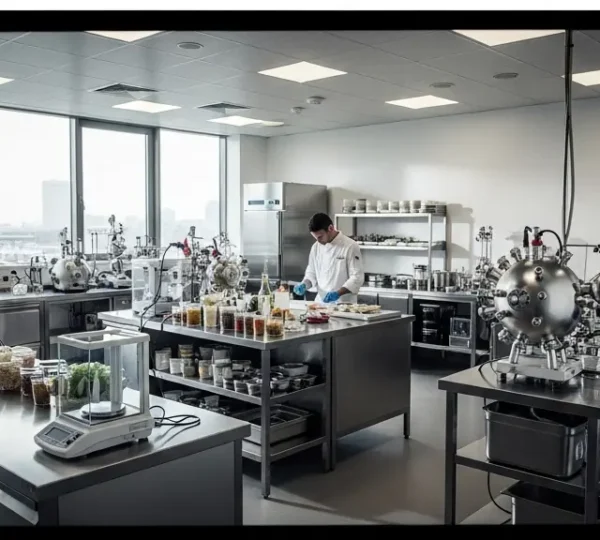 Chef en laboratoire culinaire expérimentant une nouvelle recette avec des équipements de précision