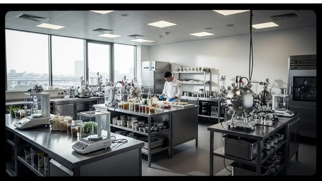 Chef en laboratoire culinaire expérimentant une nouvelle recette avec des équipements de précision