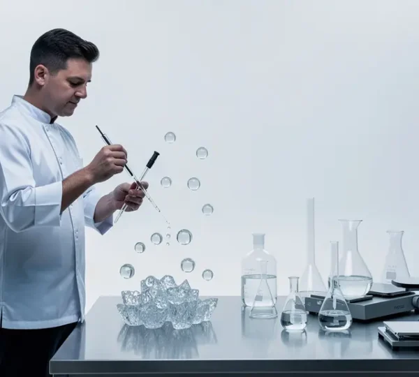 Chef en laboratoire de cuisine moléculaire manipulant des sphères translucides avec des instruments de précision