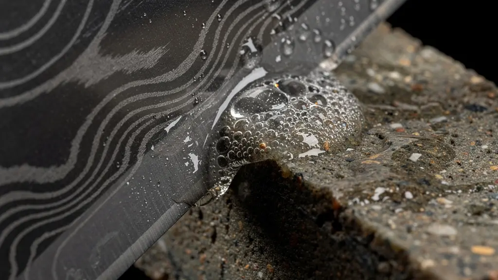 Gros plan macro sur une lame japonaise posée sur une pierre à aiguiser humide avec reflets
