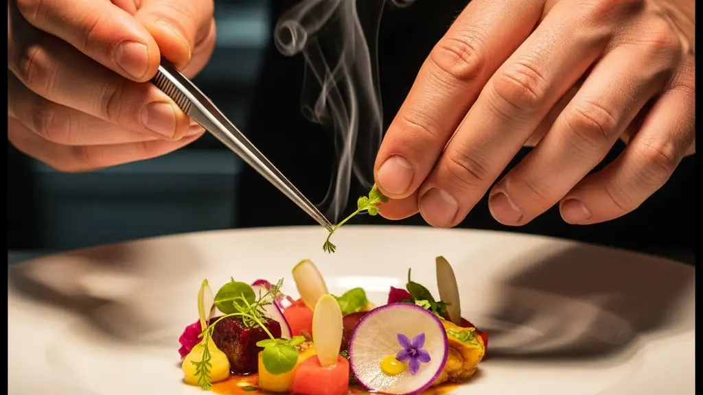 Gros plan extrême sur les mains d'un cuisinier dressant une assiette gastronomique avec une pince, révélant la précision chirurgicale du geste