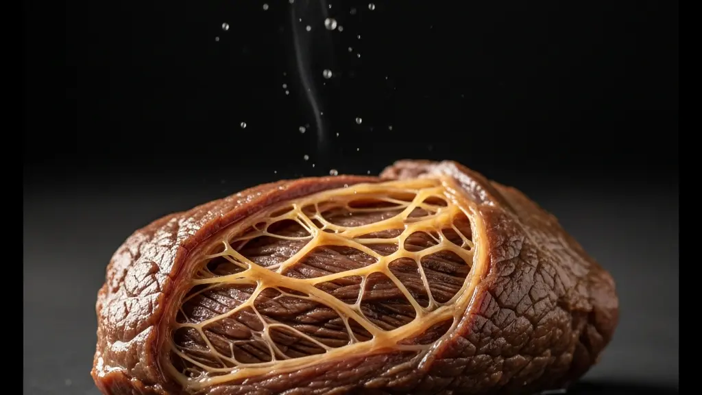 Gros plan macro sur la texture du tissu conjonctif et du gras intramusculaire d'un morceau de boeuf, evoquant une cuisson longue.