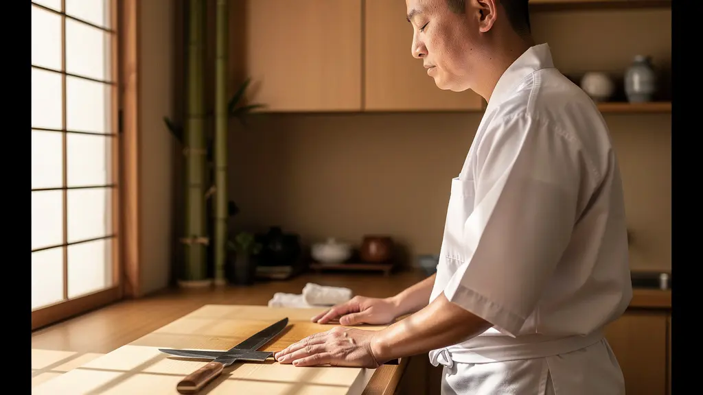 Chef japonais en pleine concentration méditant devant sa lame yanagiba dans un environnement épuré