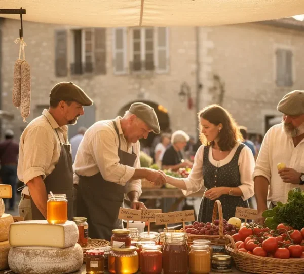 Marché de producteurs locaux avec étalages de produits régionaux et ambiance authentique
