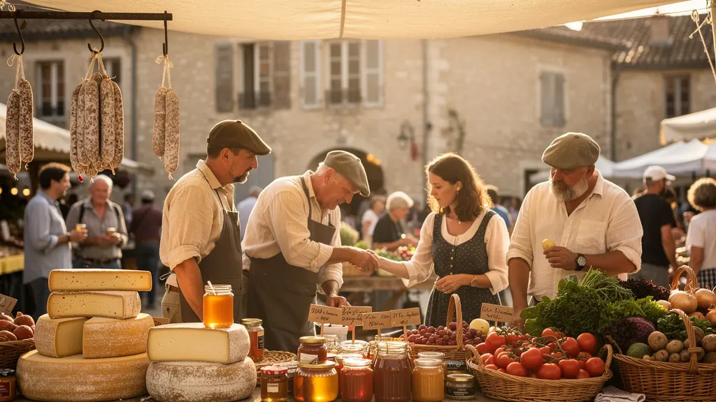 Marché de producteurs locaux avec étalages de produits régionaux et ambiance authentique