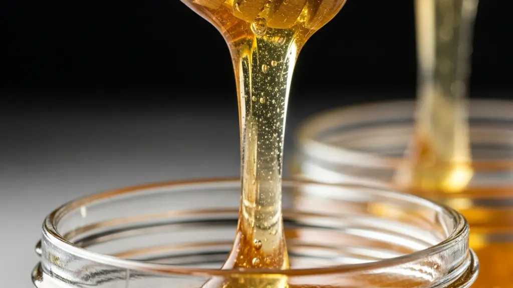 Gros plan sur un filet de miel doré qui s'écoule lentement d'une cuillère en bois dans un récipient en verre sans étiquette, mettant en avant la texture.
