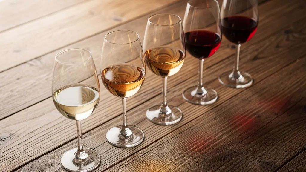 Alignement de verres à vin avec dégradé de couleurs du clair au foncé sur table en bois