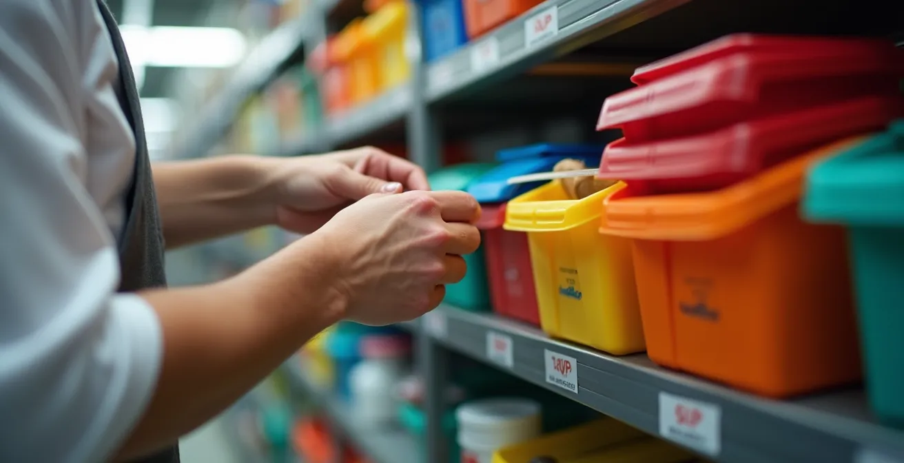 Système de rangement professionnel avec bacs colorés et organisation par zones dans une réserve de restaurant