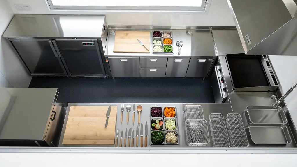 Vue aérienne d'une cuisine de food truck montrant l'organisation en triangle d'activité