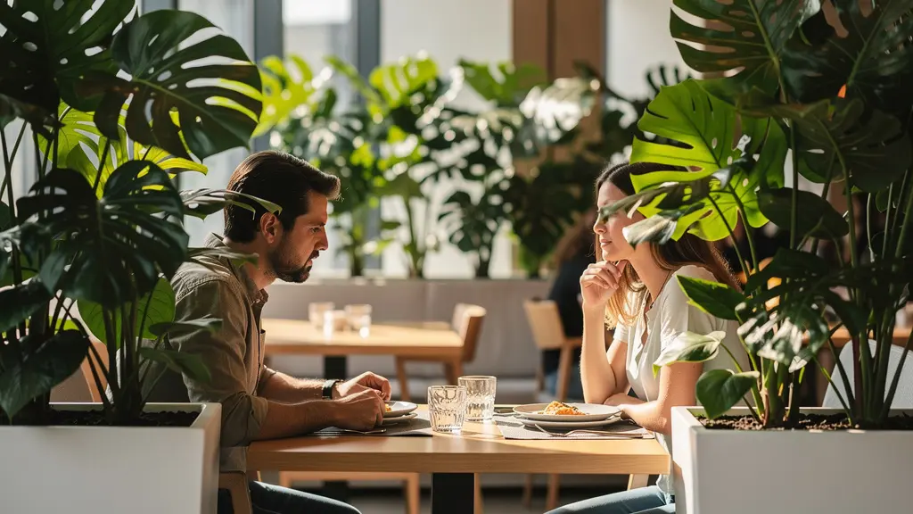 Cloisons végétales entre tables de restaurant avec plantes tropicales denses créant des espaces intimes