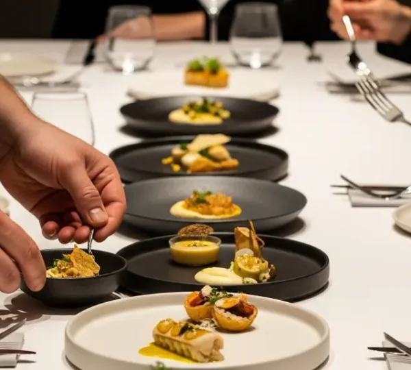 Un chef dresse plusieurs petites assiettes d’un menu dégustation sur une table, suggérant une progression de saveurs sans saturation.