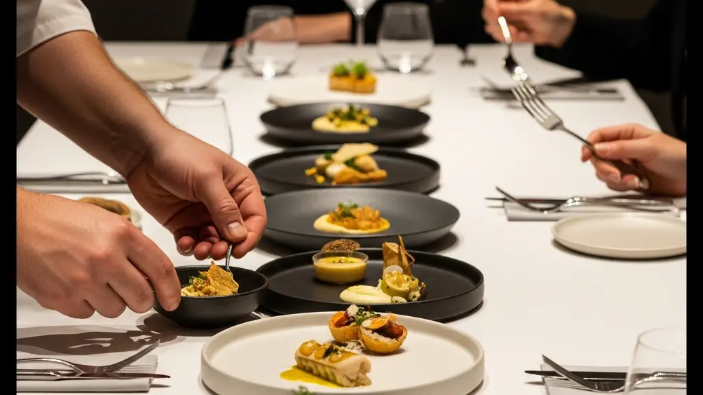 Un chef dresse plusieurs petites assiettes d’un menu dégustation sur une table, suggérant une progression de saveurs sans saturation.