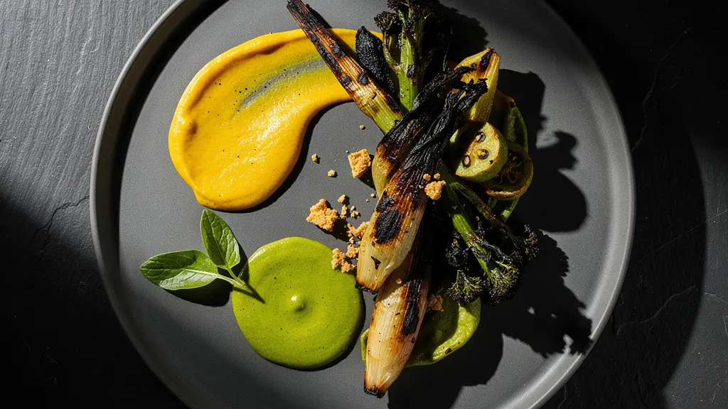 Plat gastronomique audacieux avec contraste de textures et couleurs