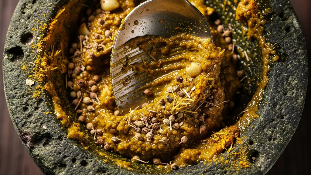 Gros plan macro sur des épices fraîches écrasées dans un mortier en pierre avec gingembre et ail visibles