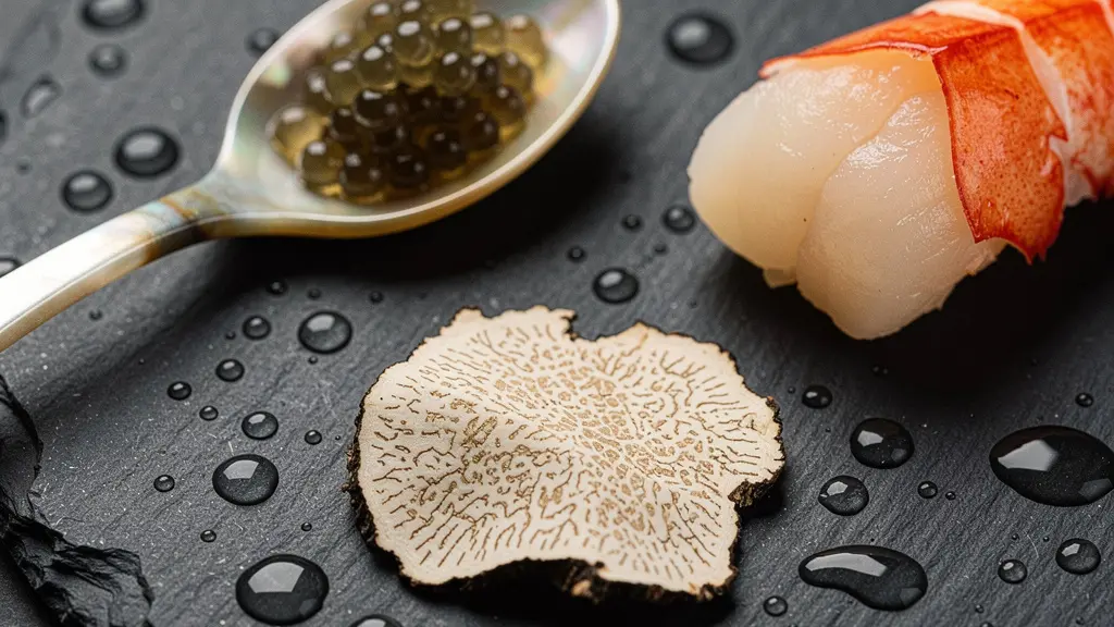 Composition gastronomique élégante avec truffes blanches, caviar et homard préparés avec excellence