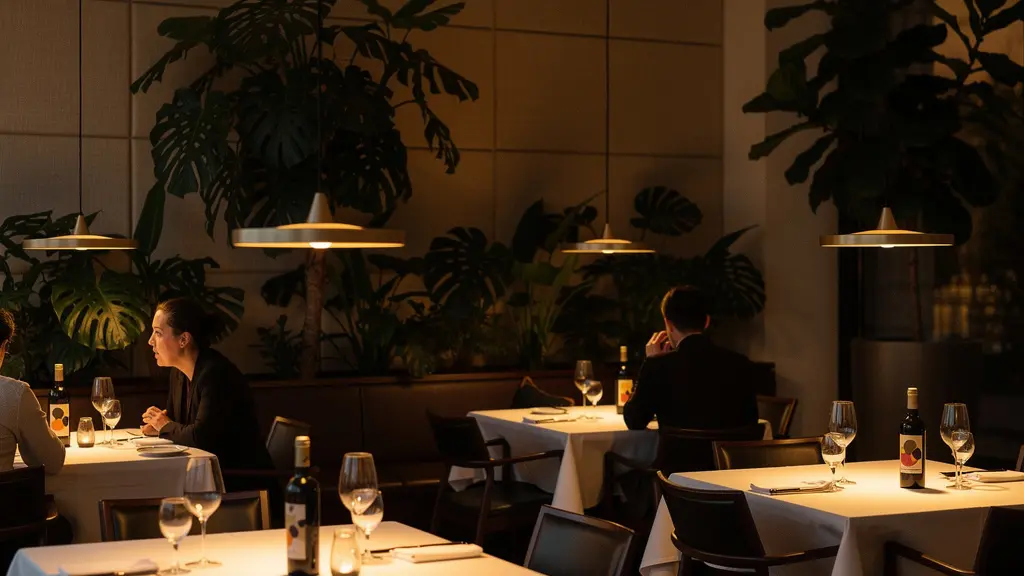 Salle de restaurant élégante avec éclairage tamisé et séparations végétales créant une ambiance intimiste