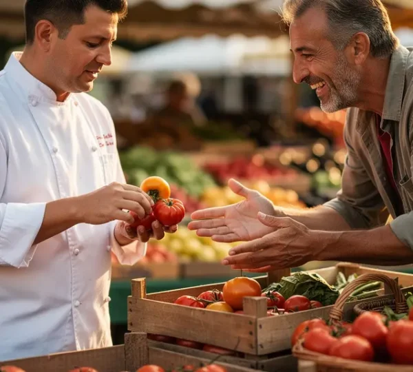 Chef consultant des produits frais avec un maraîcher sur un marché local traditionnel
