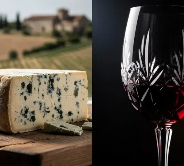 Composition contrastée montrant le Roquefort et le vin rouge dans une opposition visuelle élégante