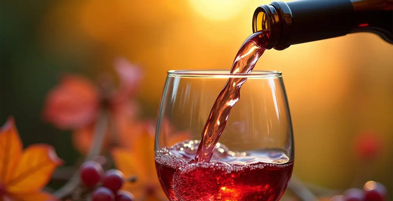 Composition artistique montrant l'évolution des vins selon les saisons avec feuilles et éléments naturels