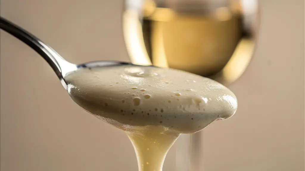 Gros plan macro sur une cuillère de sauce crémeuse onctueuse avec un verre de vin blanc flou en arrière-plan