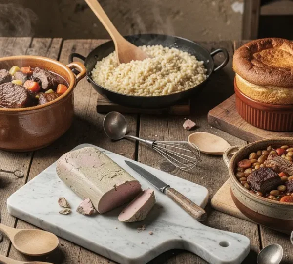 Vue plongeante d'une table de cuisine rustique avec cinq mets traditionnels français en préparation