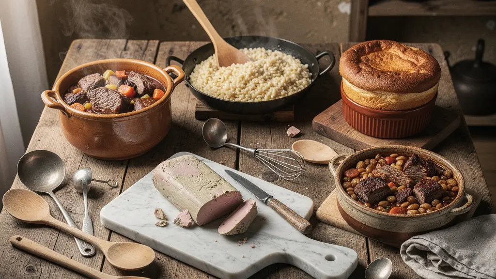 Vue plongeante d'une table de cuisine rustique avec cinq mets traditionnels français en préparation