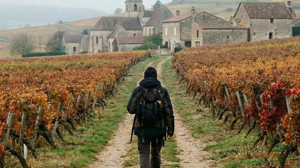 Sentier entre les rangées de vignes aux couleurs automnales menant vers un village viticole en arrière-plan