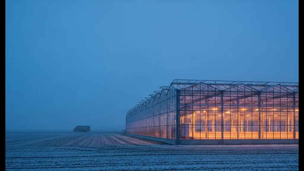 Une serre maraîchère en hiver au crépuscule avec une légère brume de chaleur, symbolisant le coût énergétique des légumes hors saison.