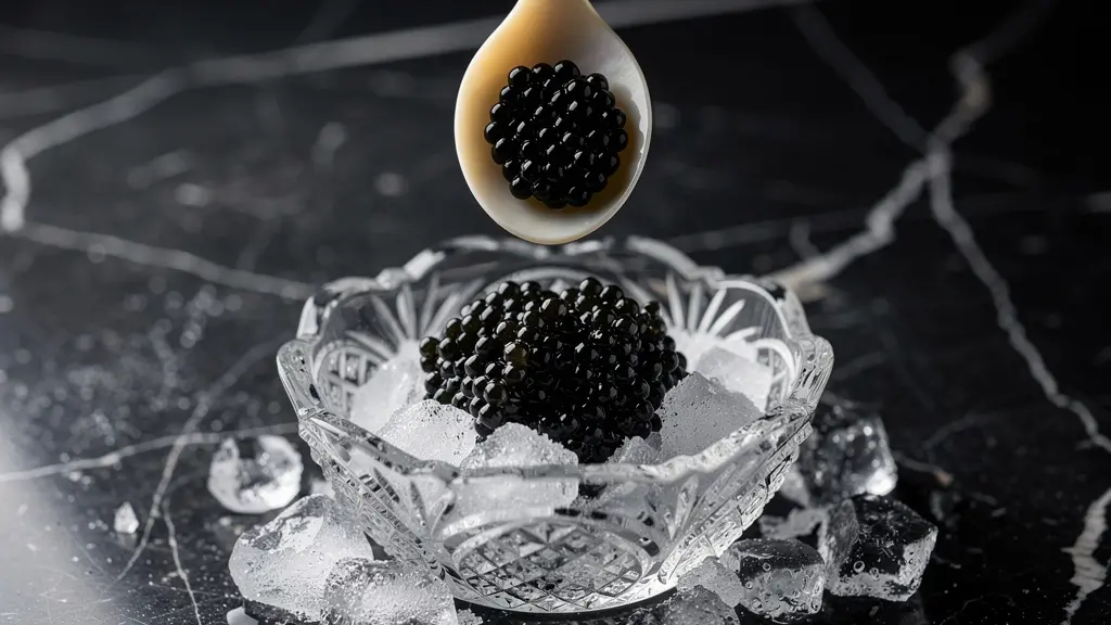 Cuillère en nacre avec caviar sur lit de glace pilée dans un environnement raffiné