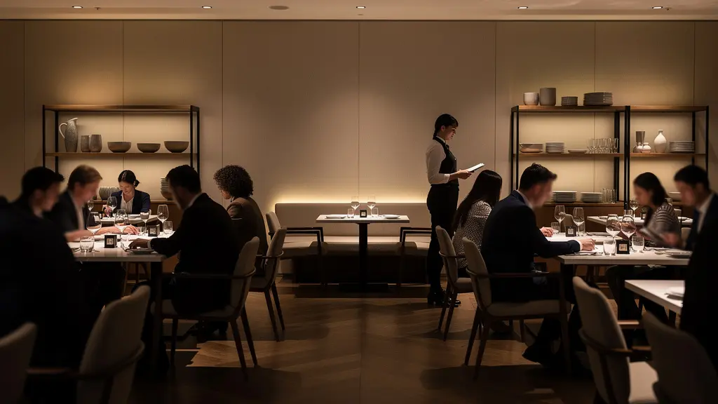 Vue large d'une salle de restaurant élégante avec serveur en arrière-plan respectant l'intimité des convives