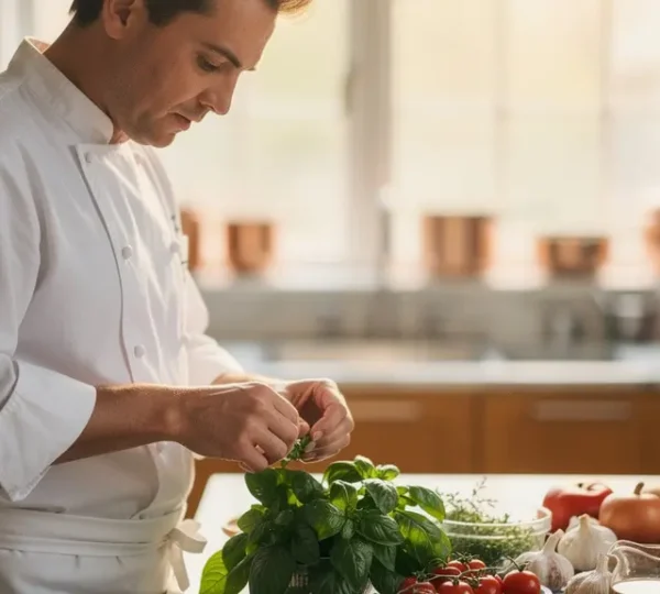 Chef créant sa signature culinaire dans sa cuisine professionnelle