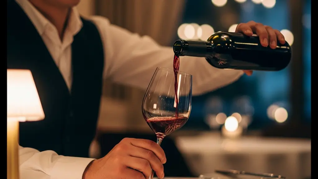 Un sommelier verse délicatement du vin dans un verre en cristal sous une lumière tamisée dans un restaurant élégant