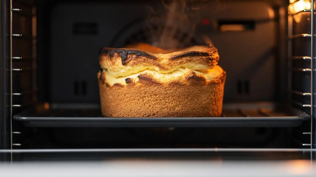 Soufflé au fromage doré dans un four entrouvert avec lumière chaleureuse