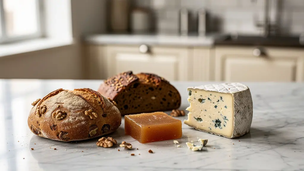 Composition minimaliste de différents pains avec fromage bleu dans un environnement épuré