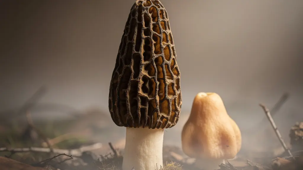Composition artistique montrant la structure alvéolée d'une morille en gros plan, évoquant une complexité architecturale.