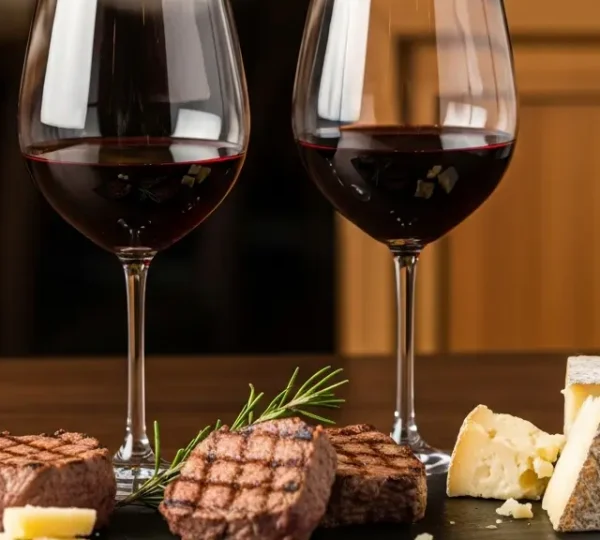 Verres de vin rouge avec reflets lumineux sur les tanins et plats raffinés en arrière-plan