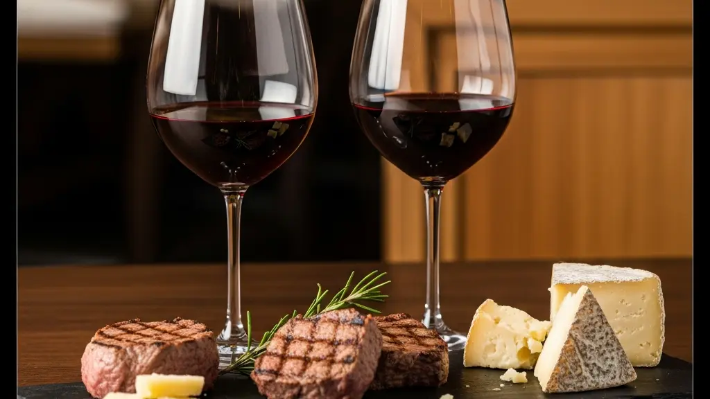 Verres de vin rouge avec reflets lumineux sur les tanins et plats raffinés en arrière-plan