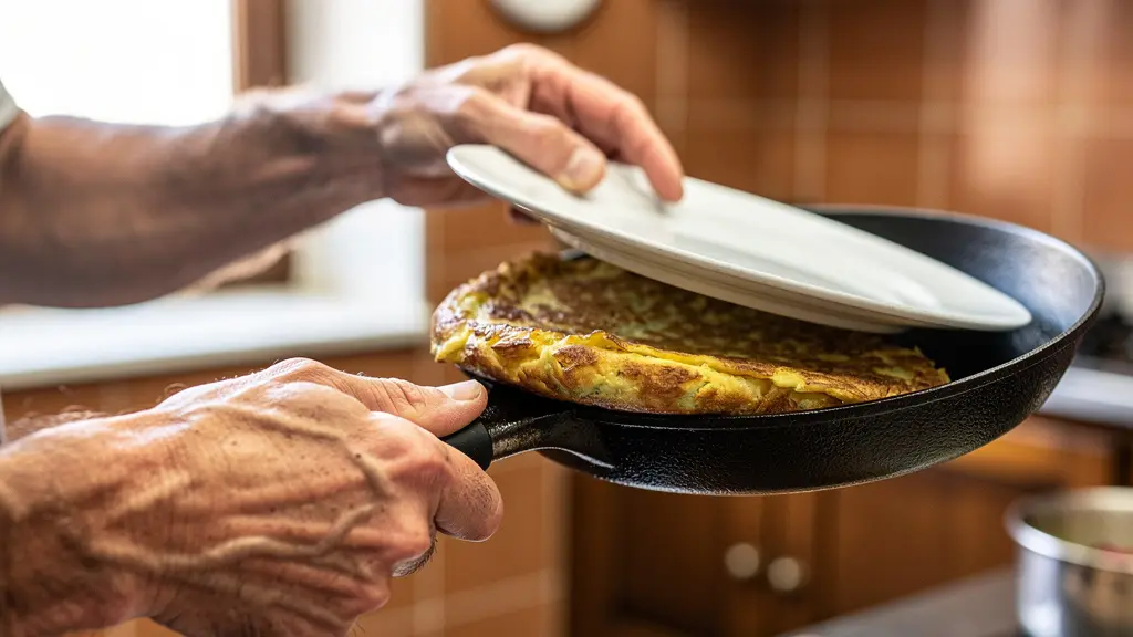 Mains expertes retournant une tortilla dorée dans une poêle traditionnelle