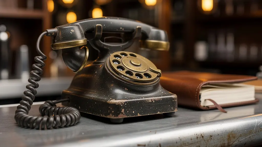 Détail macro d'un téléphone vintage dans un bistrot avec carnet de réservations flou en arrière-plan