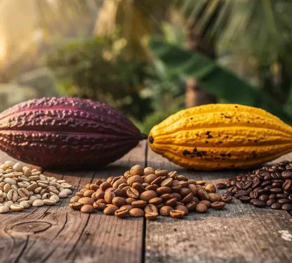 Mosaïque visuelle montrant des fèves de cacao et grains de café avec leurs terroirs d'origine respectifs