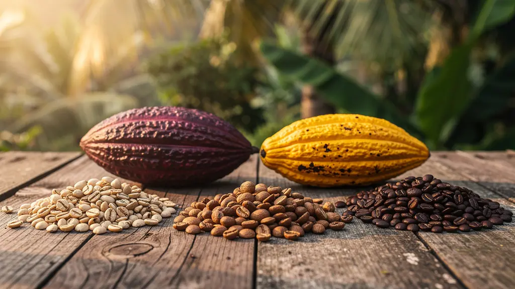 Mosaïque visuelle montrant des fèves de cacao et grains de café avec leurs terroirs d'origine respectifs