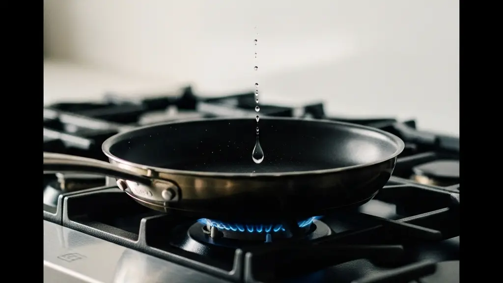 Plan large d'une poele inox chauffee avec une goutte d'eau qui perle et glisse, illustrant le test de temperature.