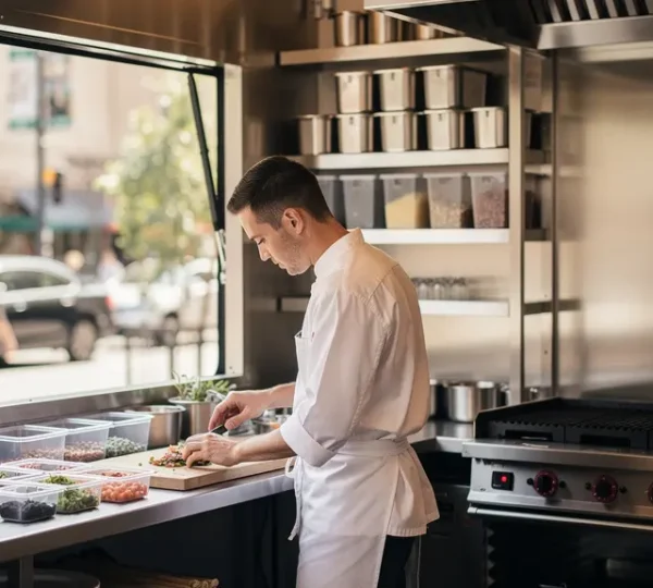 Chef dans un food truck moderne préparant des plats avec vue sur une rue animée