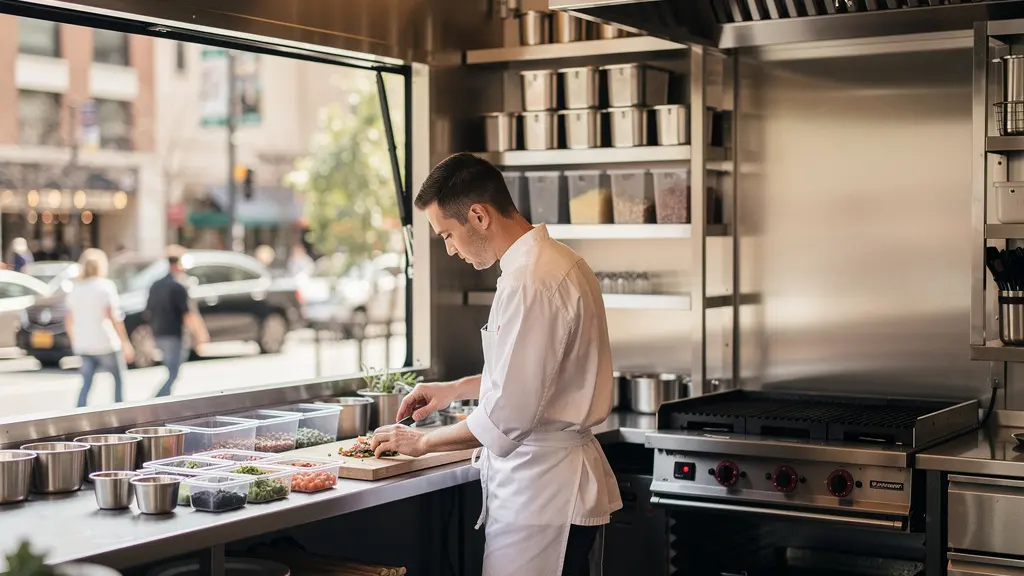 Chef dans un food truck moderne préparant des plats avec vue sur une rue animée