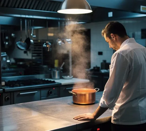 Chef seul dans une cuisine professionnelle vide éclairée par une lumière dramatique, symbolisant la solitude et la pression de la haute gastronomie