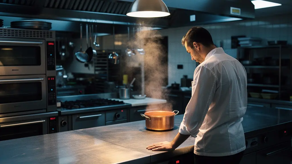 Chef seul dans une cuisine professionnelle vide éclairée par une lumière dramatique, symbolisant la solitude et la pression de la haute gastronomie