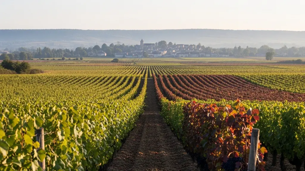 Vue panoramique d'un vignoble en période de véraison avec des grappes changeant de couleur, baigné dans une lumière douce de fin d'après-midi