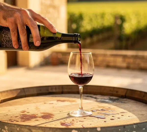 Un vigneron verse du vin dans un verre lors d'une dégustation au domaine, avec des rangées de vignes en arrière-plan baignées de lumière dorée
